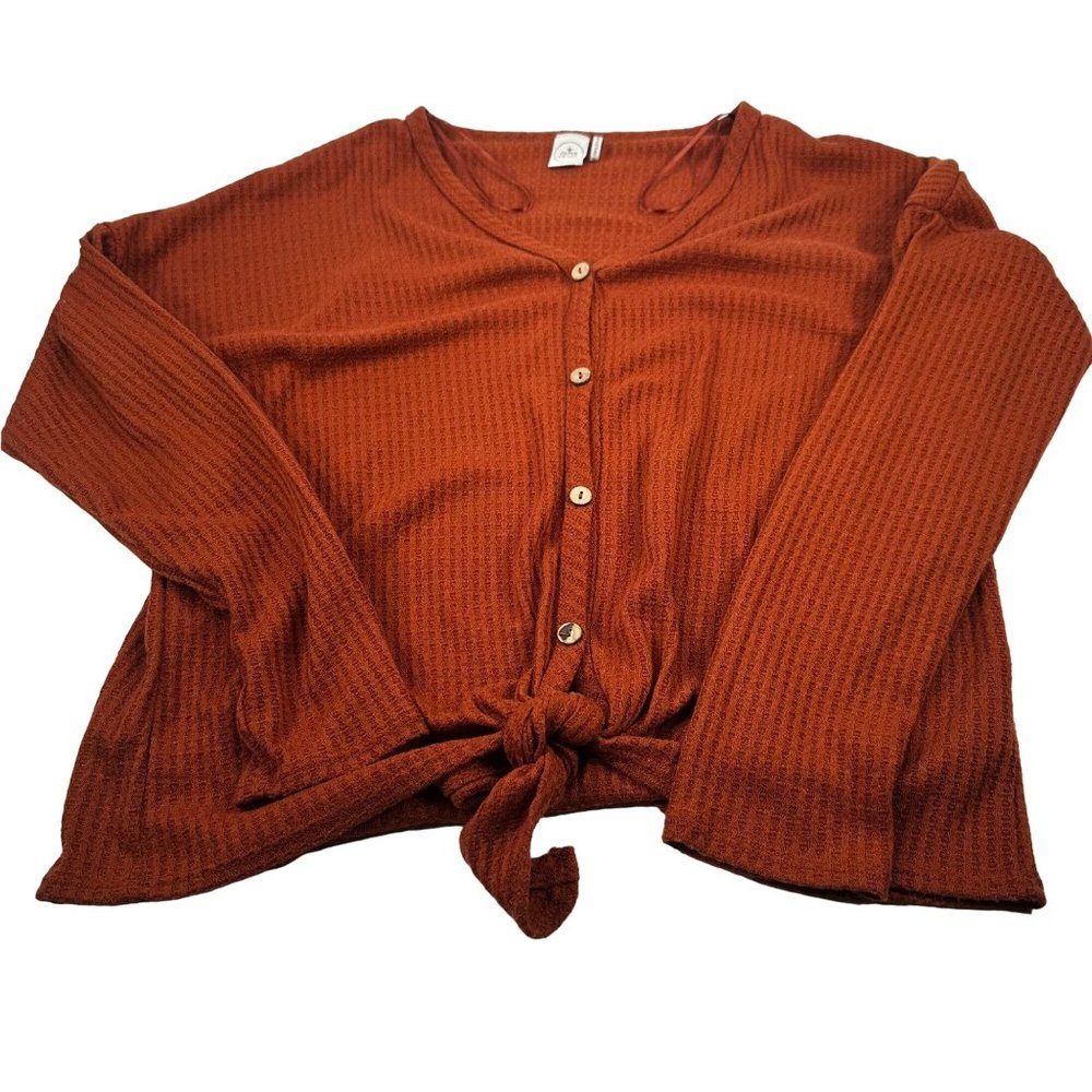 Paper Crane Womens Sz Medium Sweater Shirt Cropped Button Front Tie Waist Brown